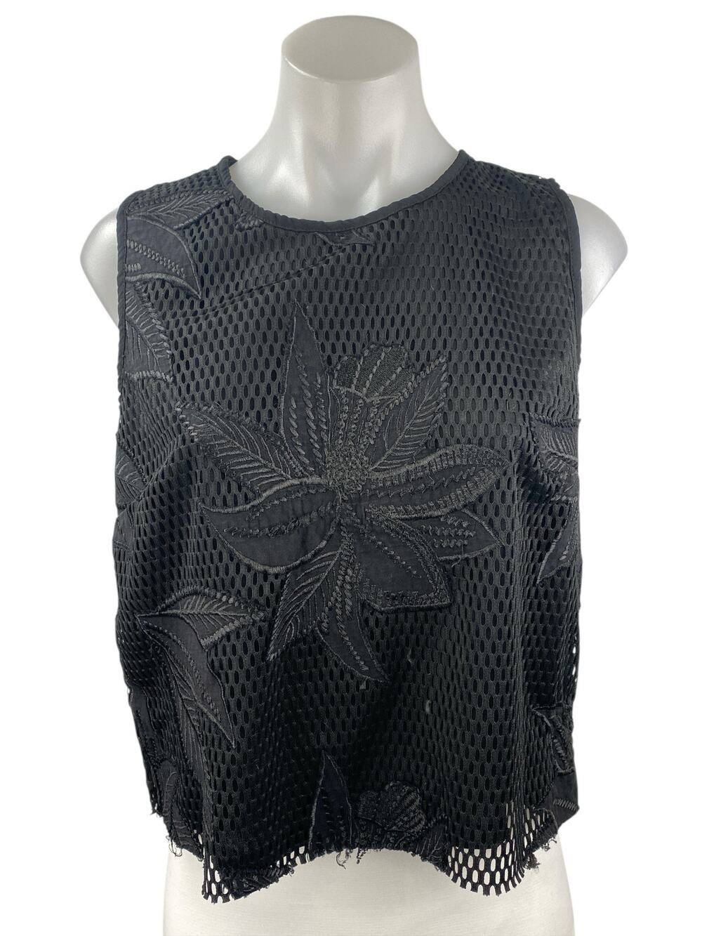 Valette Women's Black Sleeveless Embroidered Floral Eyelet Tank Blouse Top Sz M